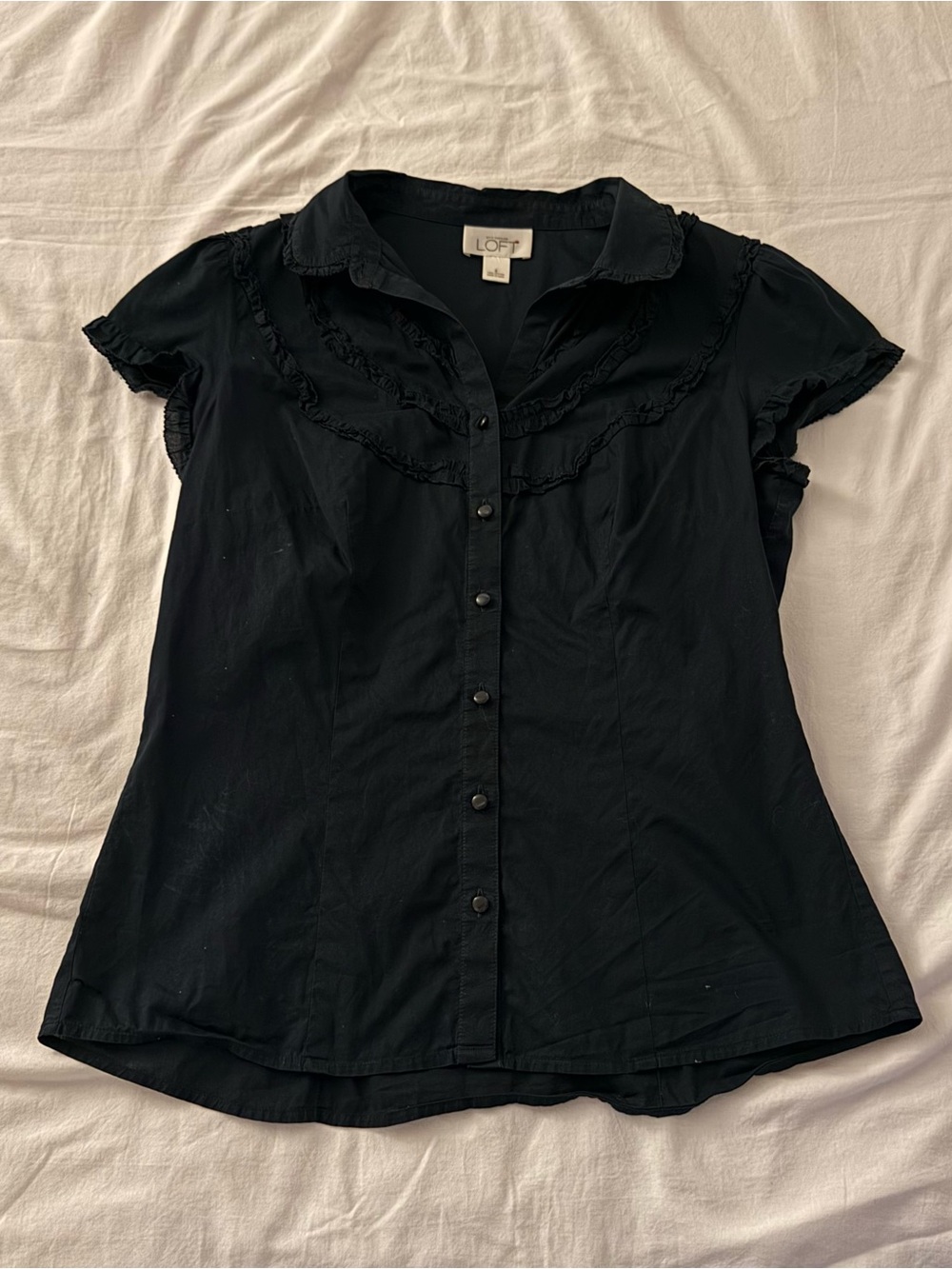 LOFT Black Ruffle Front Button Down Top size 8